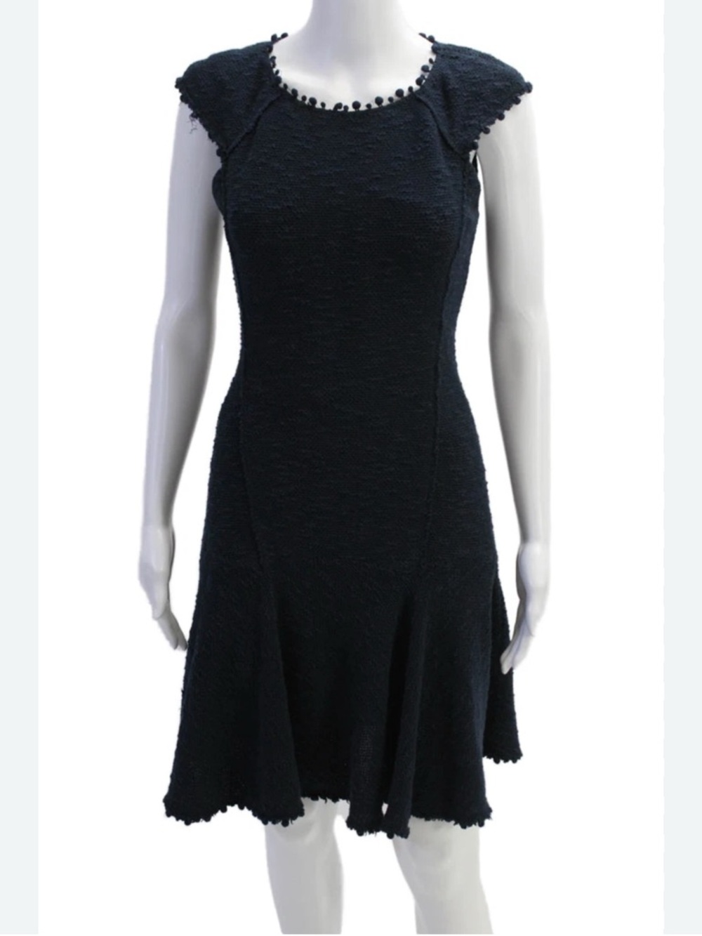 Rebecca Taylor navy blue tweed dress with pom pom trim. Size: 4 minimalist